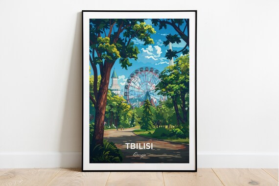 Tbilisi Georgia Mtatsminda Park Ferris Wheel Tree Lined Avenue Poster