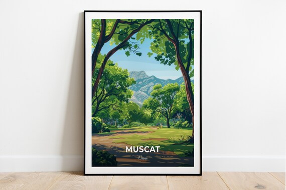Muscat Oman Leafy Green Park Trees Rugged Mountains Travel Poster