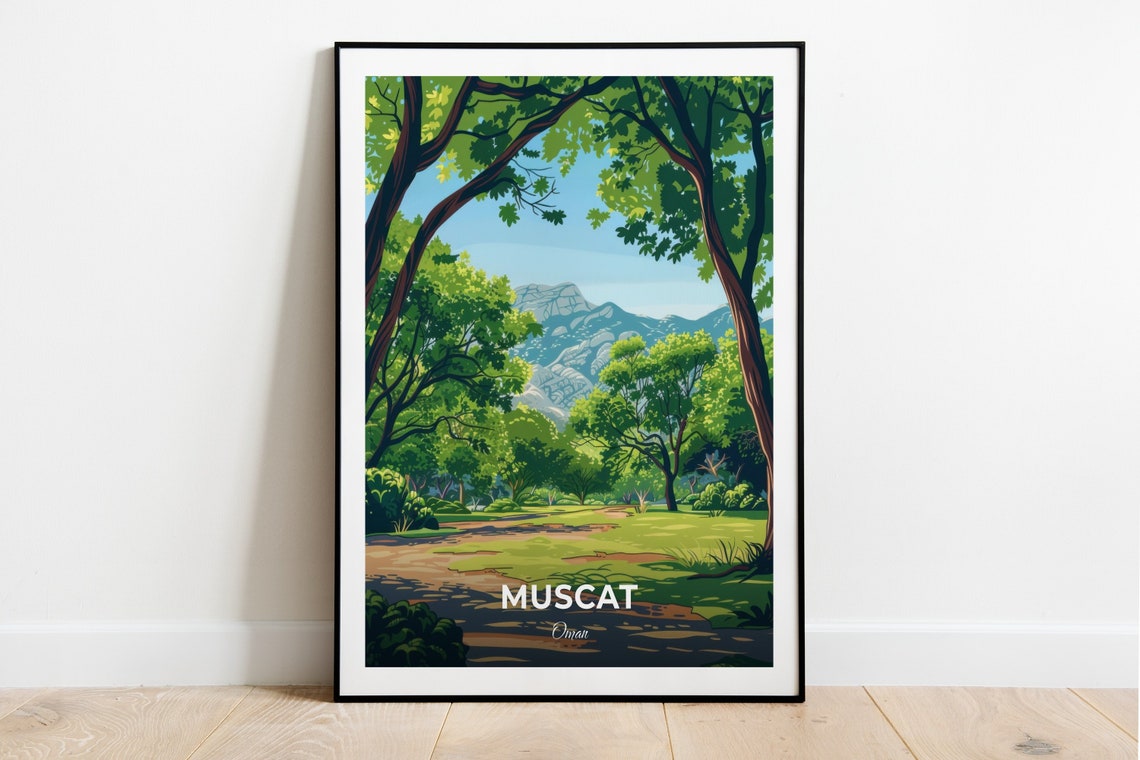 Muscat Oman Leafy Green Park Trees Rugged Mountains Travel Poster