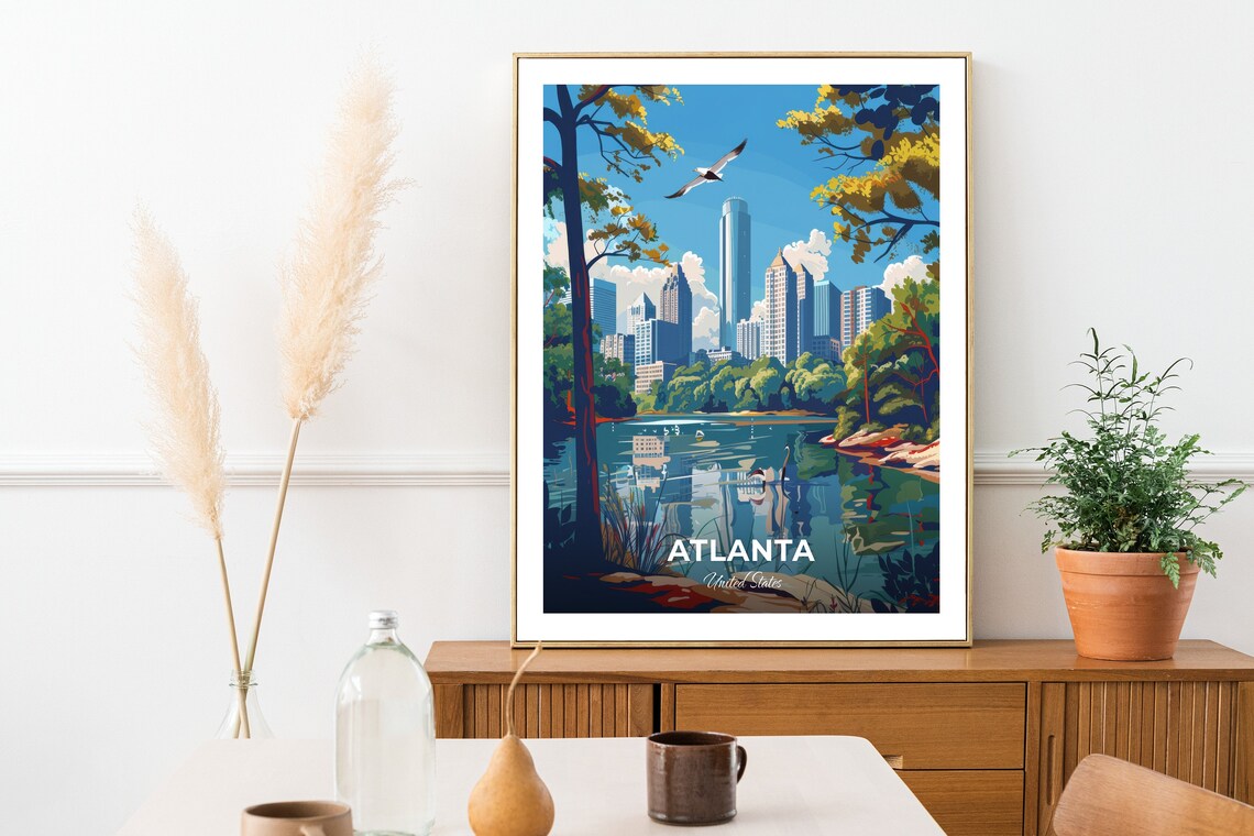Atlanta Georgia Travel Poster Downtown Skyline Park Lake Artwork - Image 2