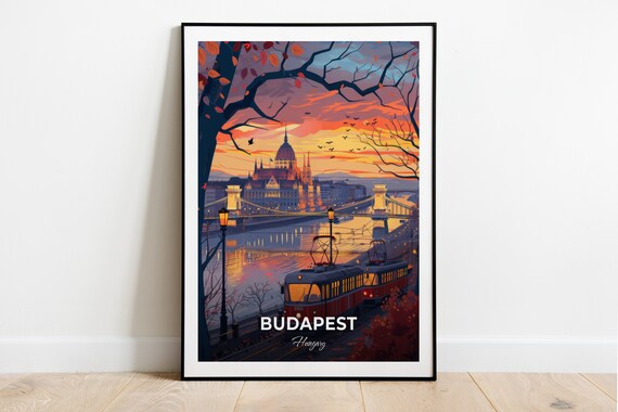 Budapest Hungary Parliament Bridge Sunset Tram Evening Poster