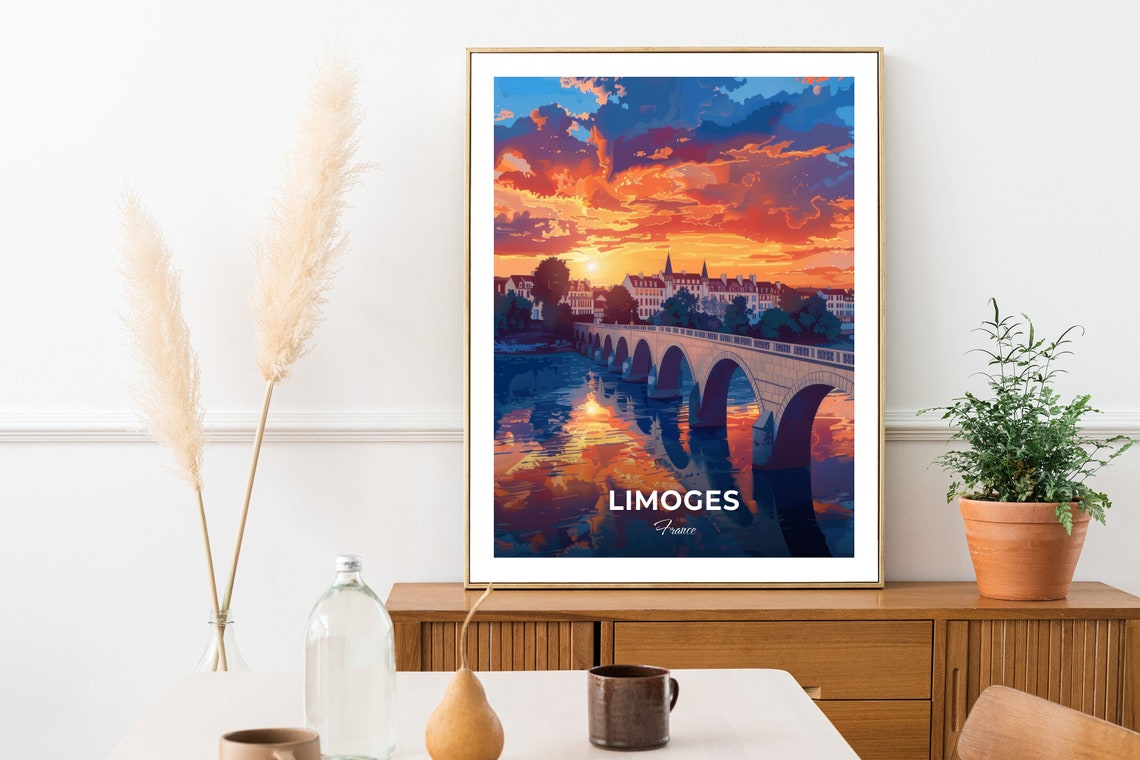 Limoges France Old Stone Bridge River Sunset Reflections Travel Poster - Image 2