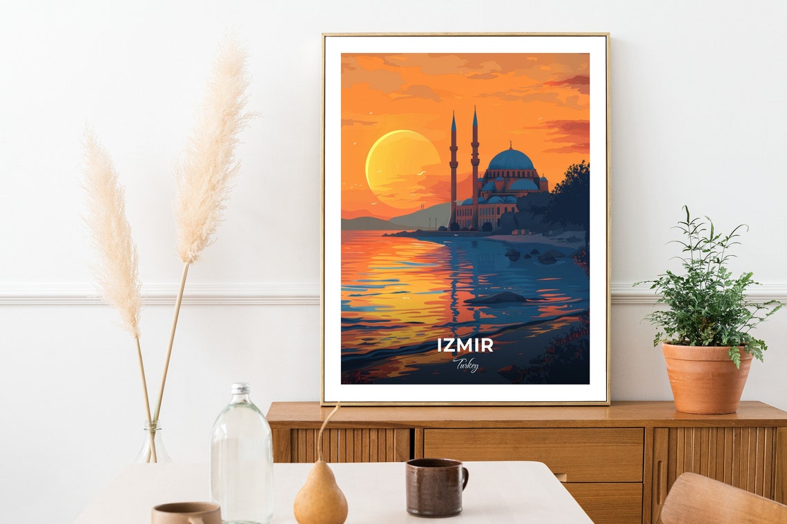 Izmir Sunset Mosque Silhouette Over The Water Turkey Travel Poster - Image 2