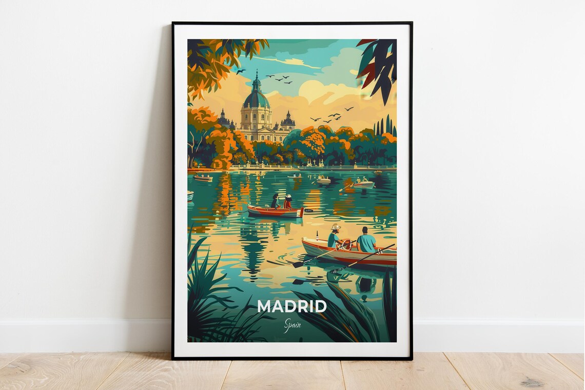 Madrid Spain Retiro Park Lake Rowboats Vintage Travel Poster