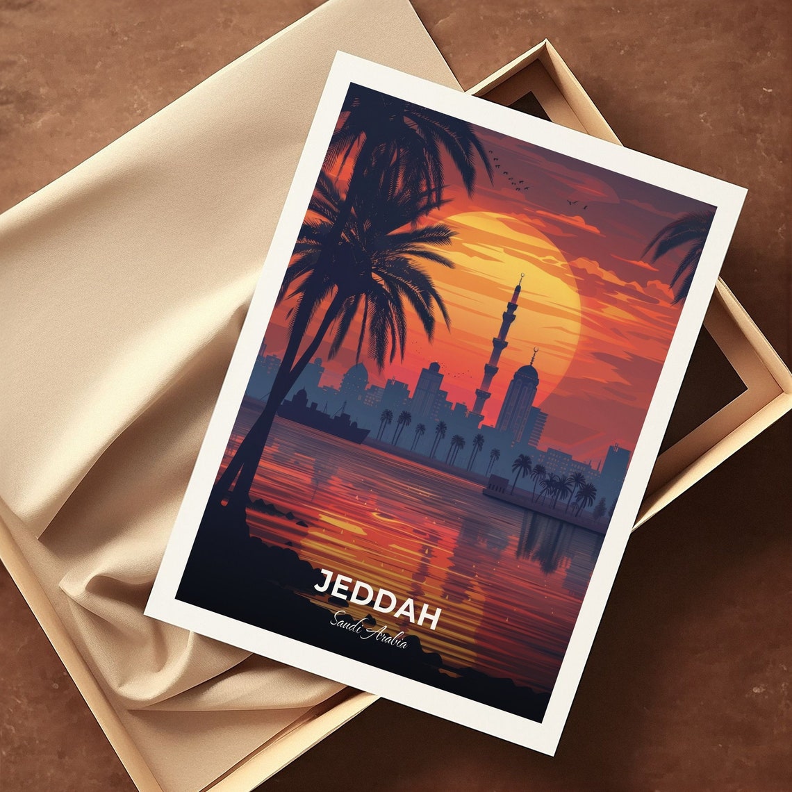 Jeddah Old Town Sunset Waterfront Mosque Silhouette Travel Poster - Image 3