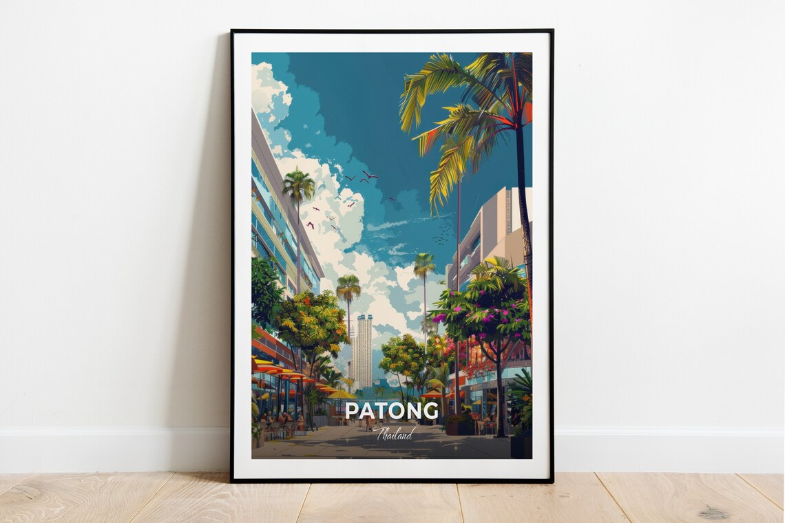 Patong Thailand Palm Lined Shopping Street Retro Travel Poster