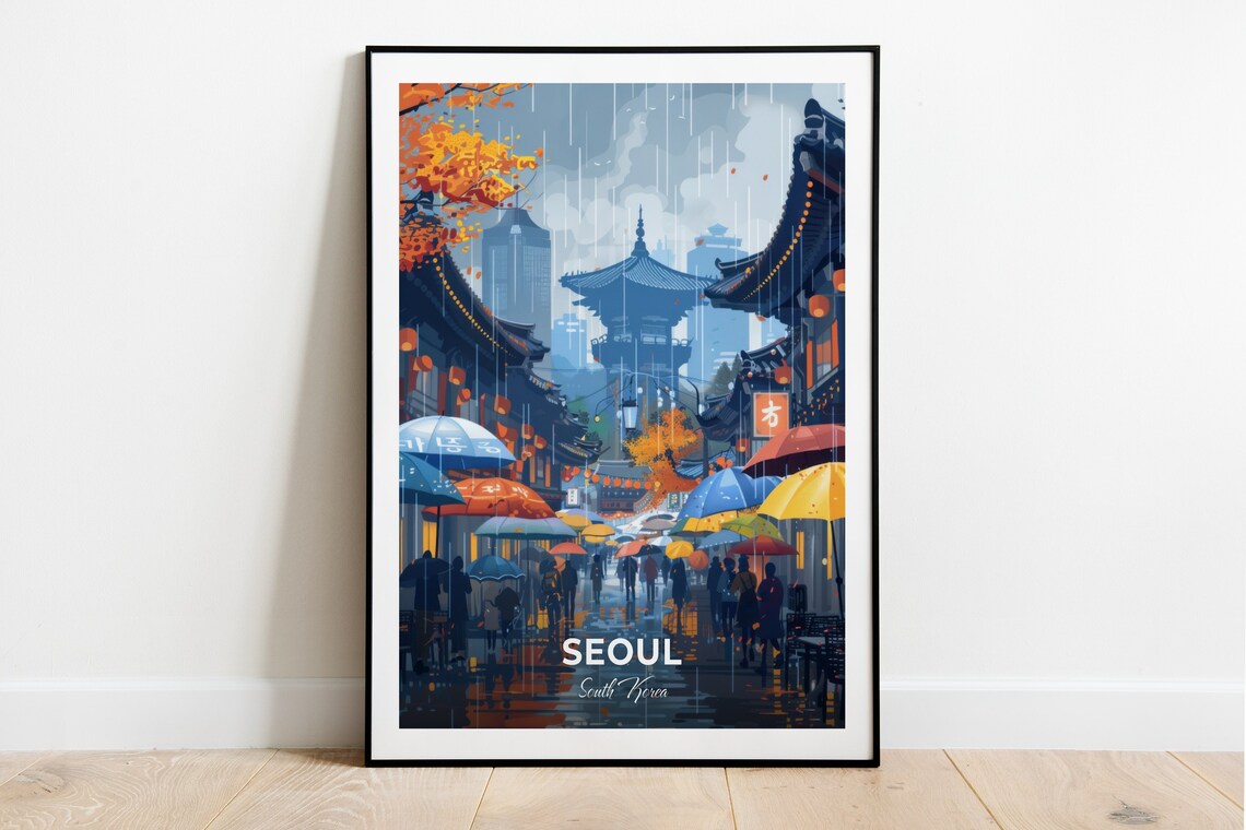 Seoul South Korea Namdaemun Market Rain Umbrellas Autumn Travel Poster