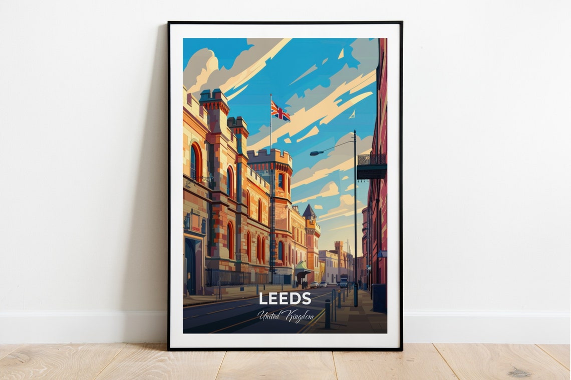 Leeds Historic Stone Architecture Union Jack Travel Poster England