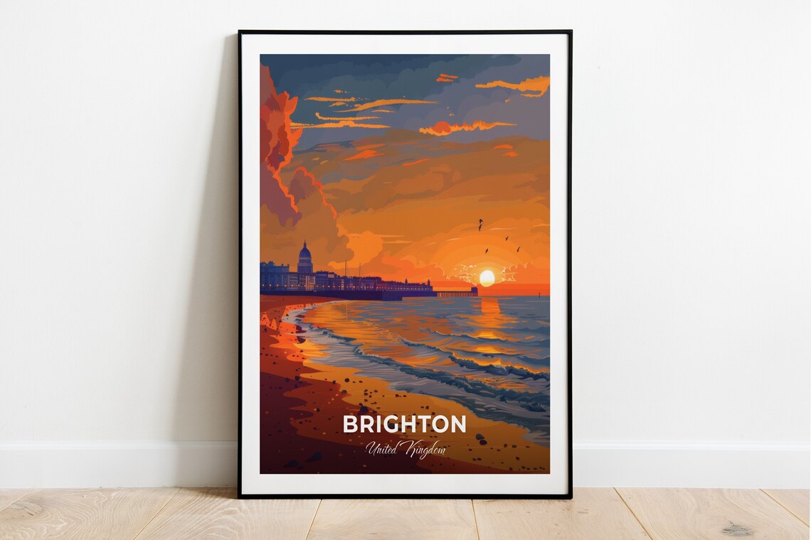 Brighton United Kingdom Beach Sunset Pier Orange Sky Evening Poster