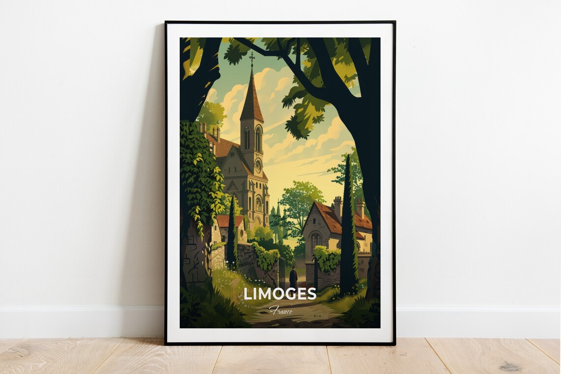 Limoges France Stone Church Spire Among Green Trees Travel Poster