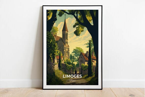 Limoges France Stone Church Spire Among Green Trees Travel Poster