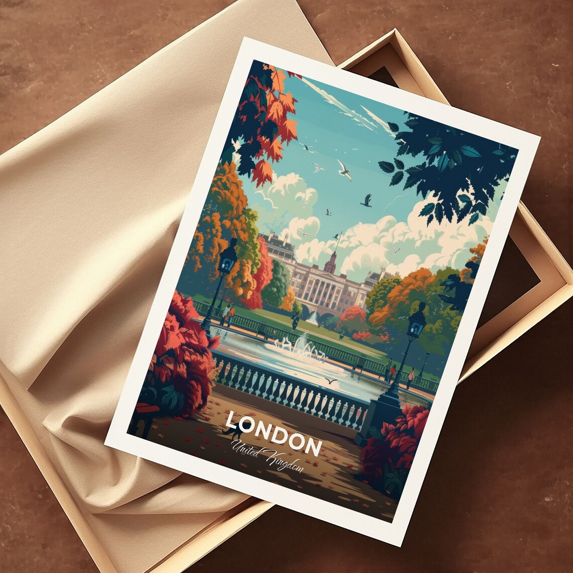 London Hyde Park Autumn Lake Gardens Fountain Scene Travel Poster - Image 3