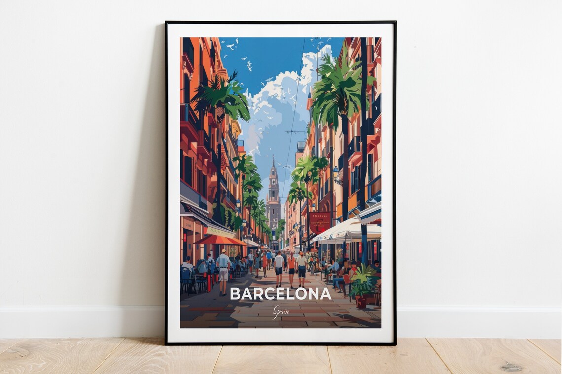 Barcelona La Rambla Street Cafes Palm Trees Spain Travel Poster