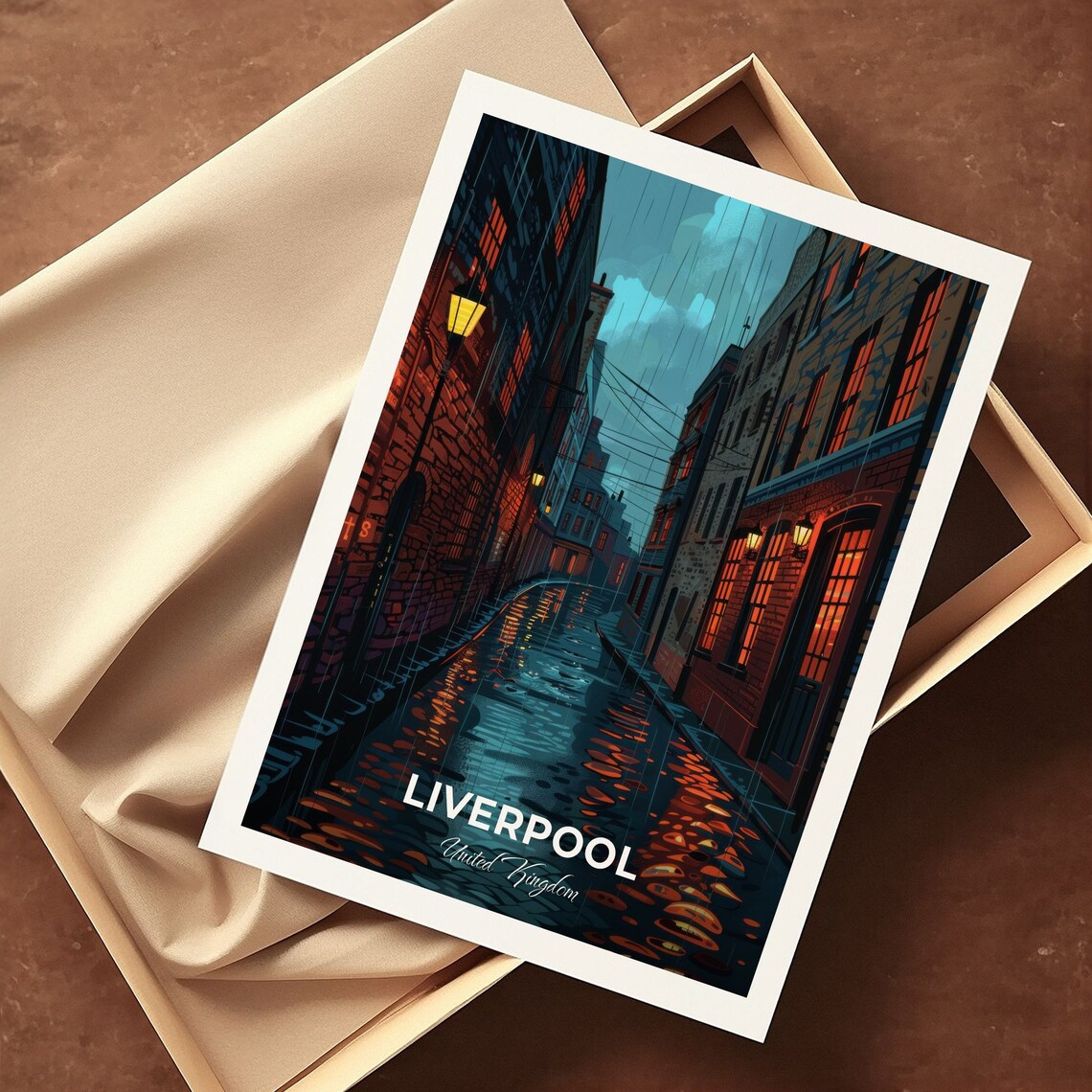 Liverpool Rainy Cobblestone Street Night Travel Poster United Kingdom - Image 3