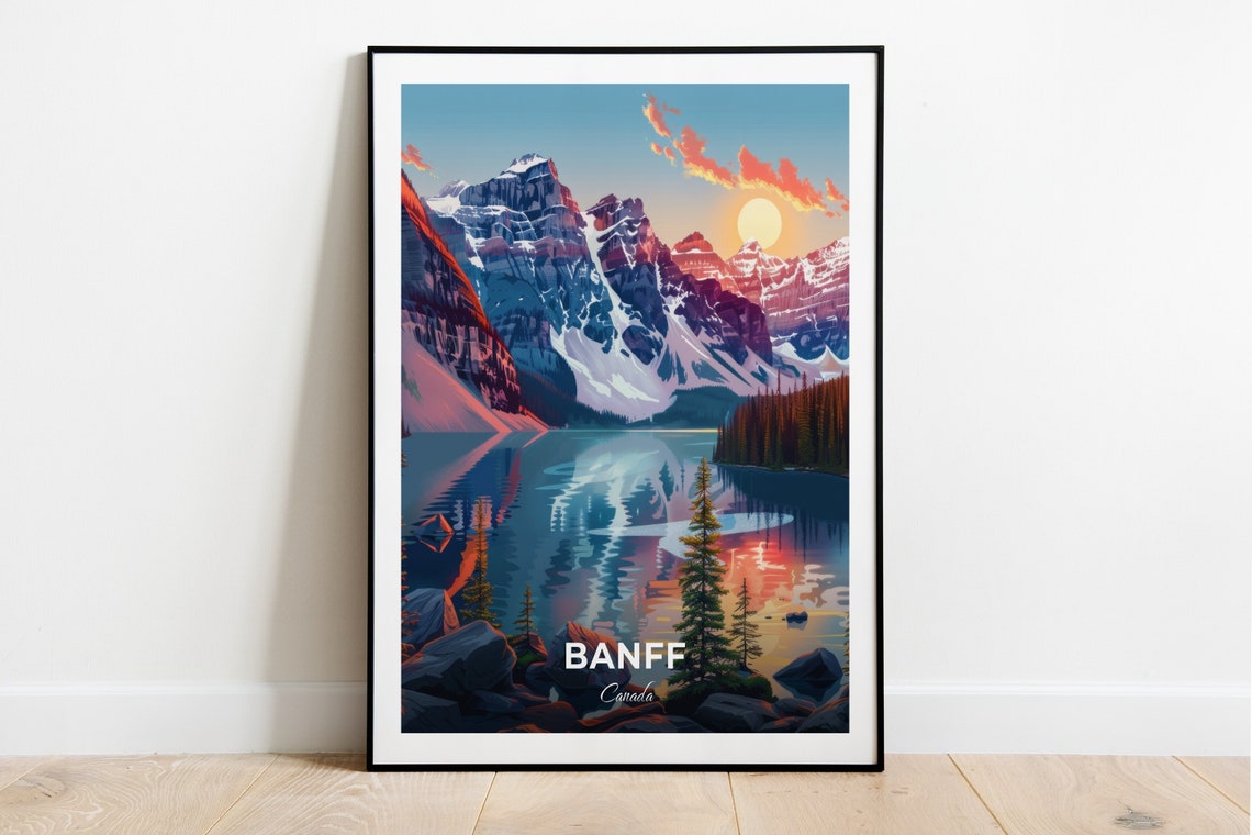 Banff Mountain Lake Sunset Snowy Peaks Reflection Travel Poster