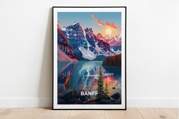 Banff Mountain Lake Sunset Snowy Peaks Reflection Travel Poster