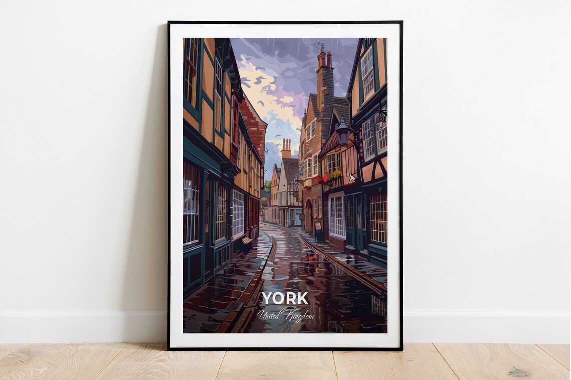 York United Kingdom Medieval Cobbled Street Dusk Glow Art Poster