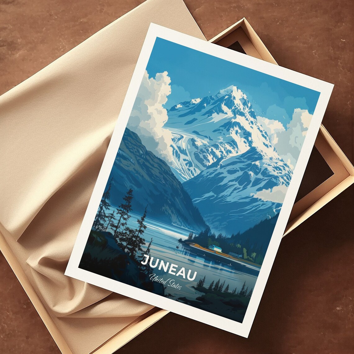 Juneau Alaska Snowy Mountain Peak Harbor Water Evergreens Travel Poster - Image 3