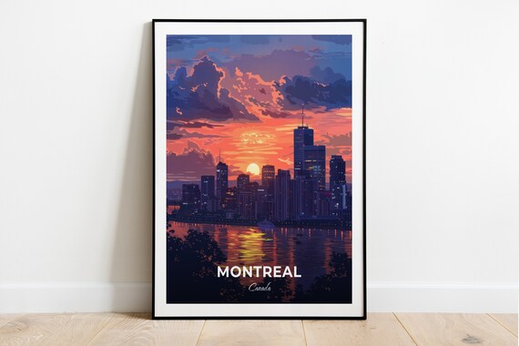 Montreal Canada Sunset Skyline River Reflections Travel Poster