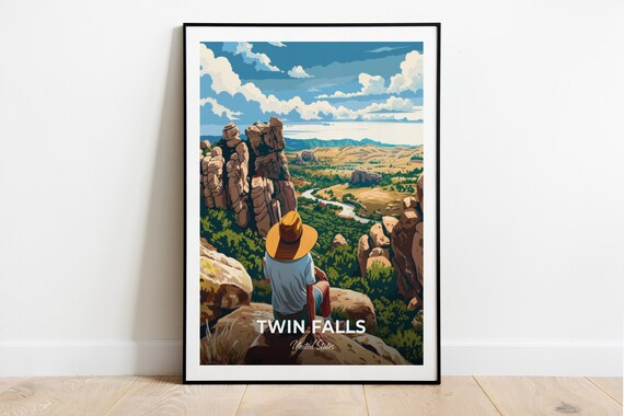 Twin Falls Desert Canyon View With Hiker United States Travel Poster