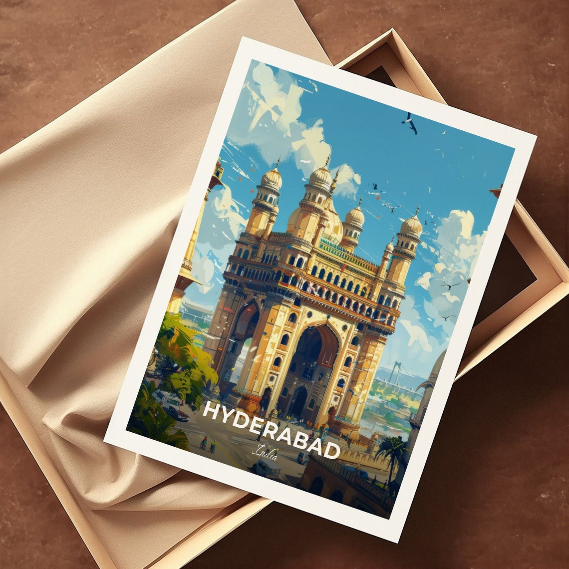 Hyderabad India Charminar Monument Arches Birds Vintage Travel Poster - Image 3
