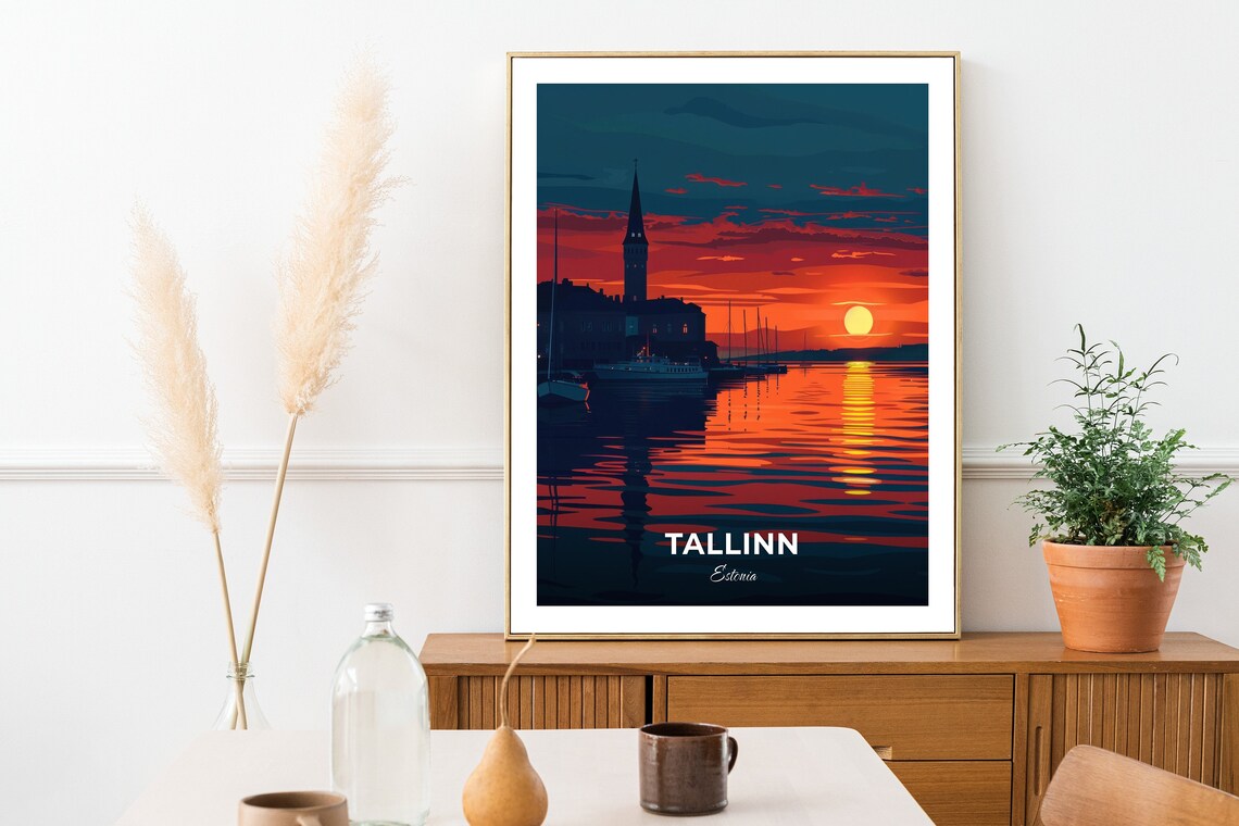 Tallinn Estonia Dusk Harbor Silhouette Setting Sun Water Travel Poster - Image 2