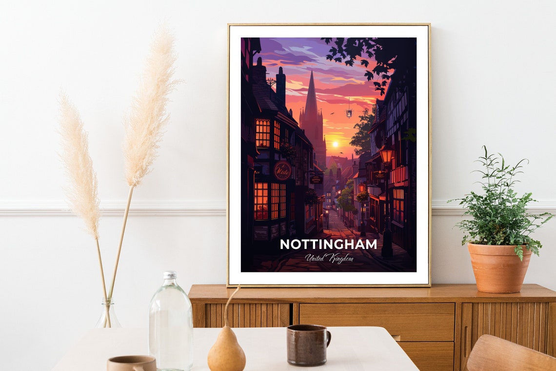 Nottingham Historic Old Street Sunset Spire Taverns Travel Poster - Image 2