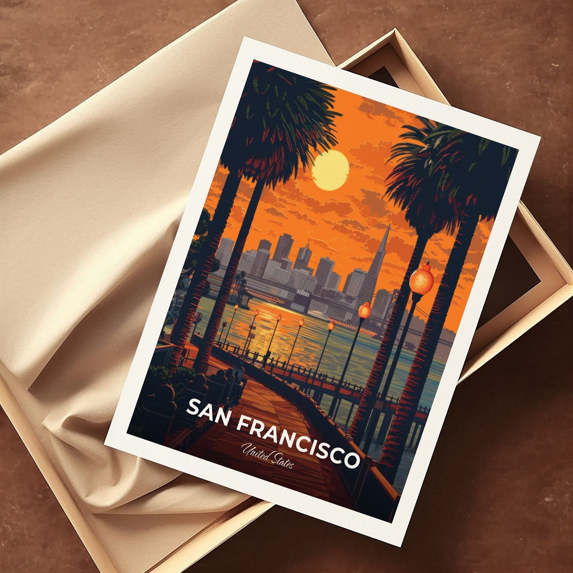 San Francisco Bayfront Pier Sunset Skyline Lamps Travel Scene Poster - Image 3