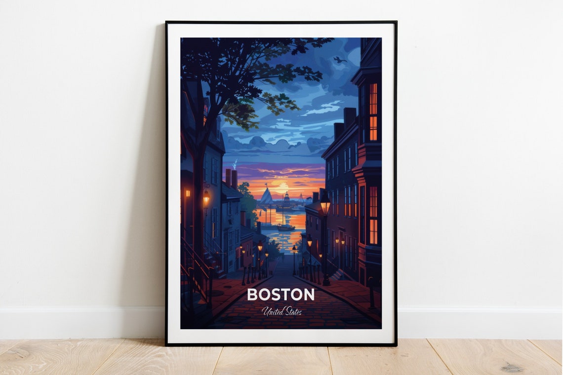 Boston Freedom Trail Cobblestone Street Sunset Travel Scene Poster