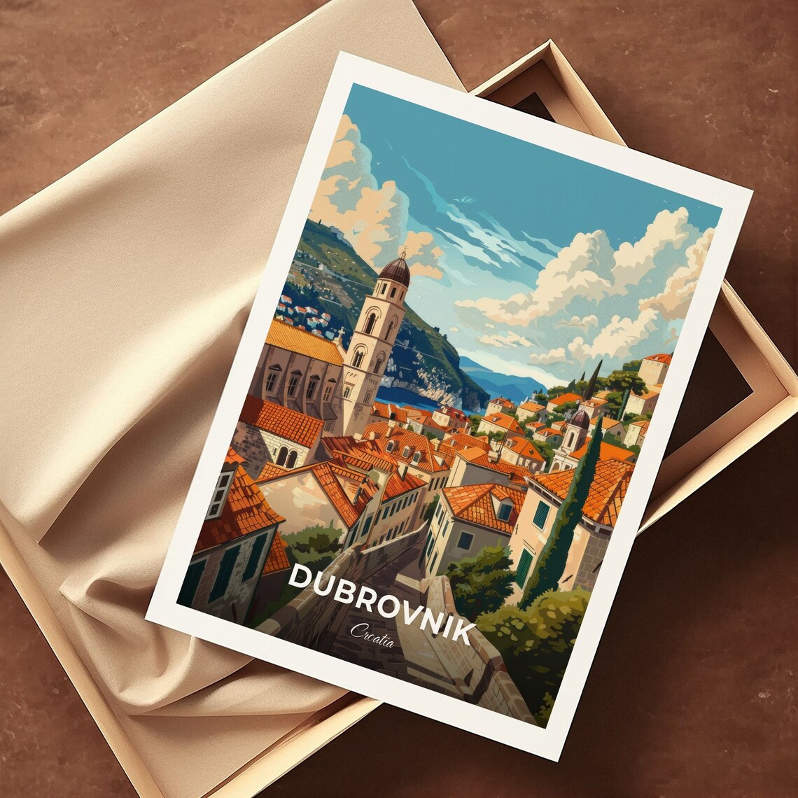 Dubrovnik Croatia Old Town Rooftops Church Tower Sea View Travel Poster - Image 3