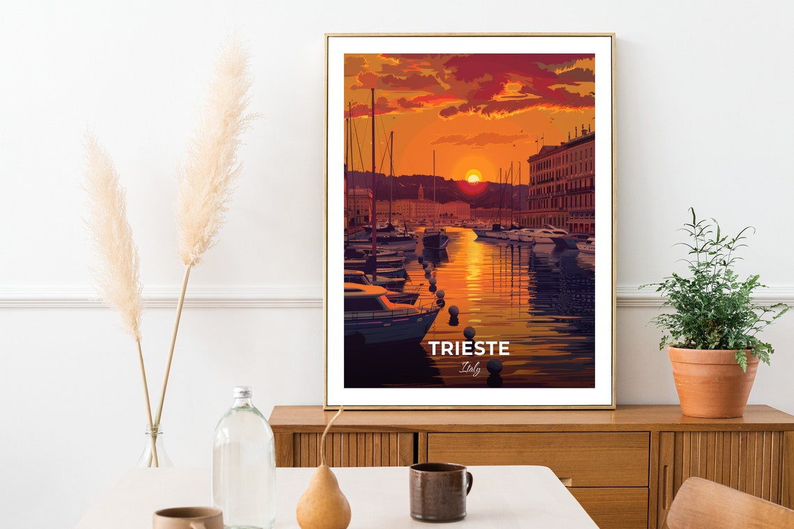 Trieste Italy Harbor Marina Sunset Sailboat Glow Travel Poster - Image 2