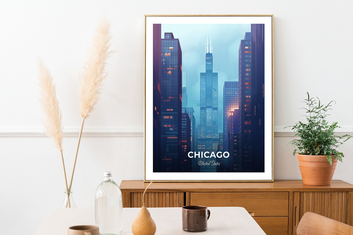 Chicago Willis Tower Skyscrapers Misty Skyline United States Poster - Image 2