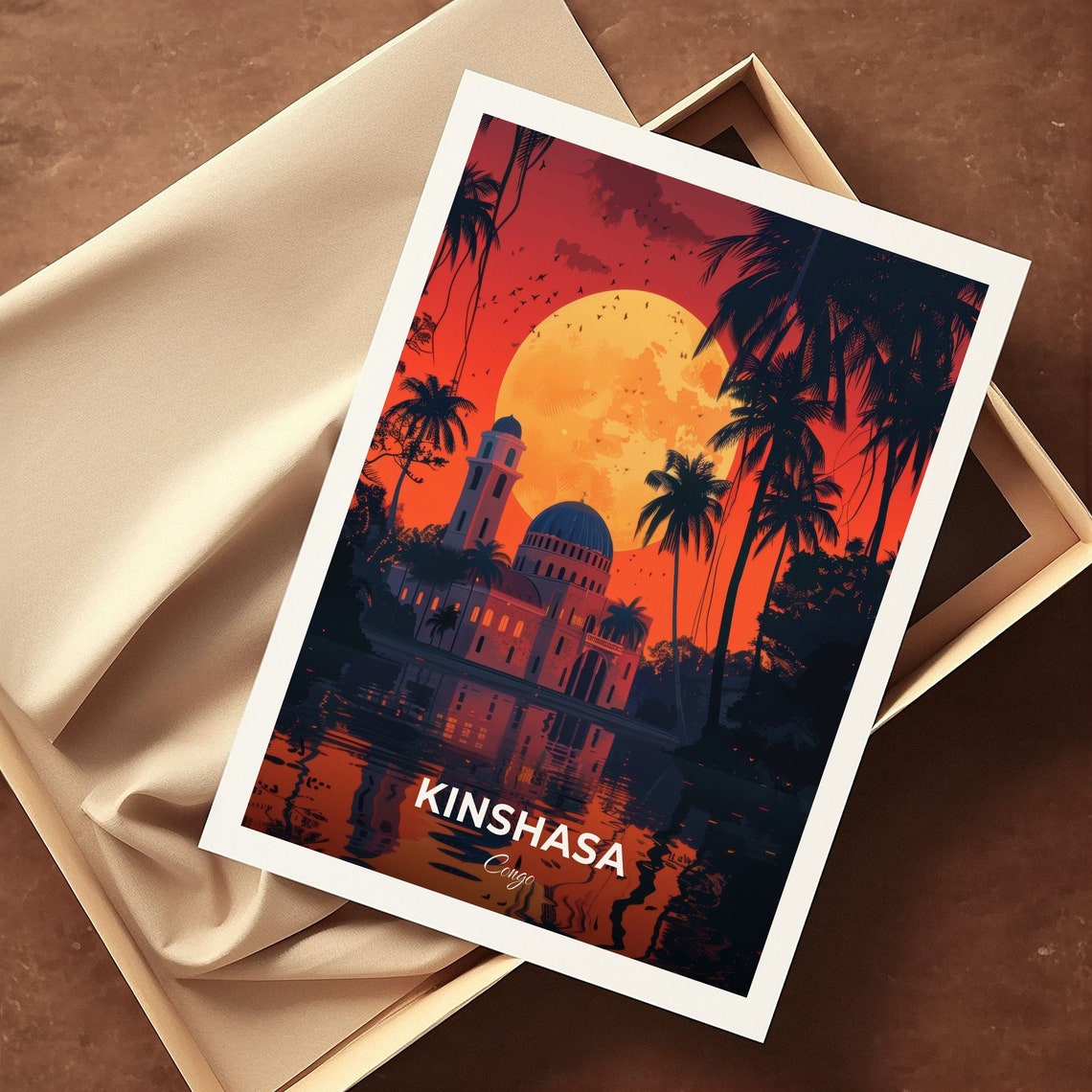 Kinshasa Congo Mausoleum Monument Palm Moonlight Night Scene Poster - Image 3