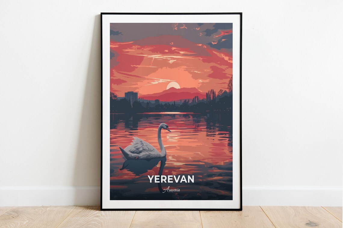 Yerevan Armenia Swan Lake Sunset Wildlife City Travel Poster