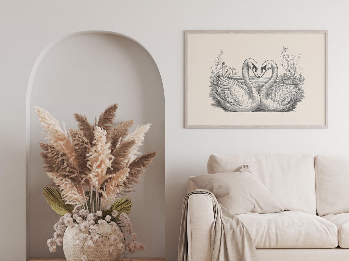 Two Swans Facing Heart Formation Vintage Engraving Love Art Poster - Image 2