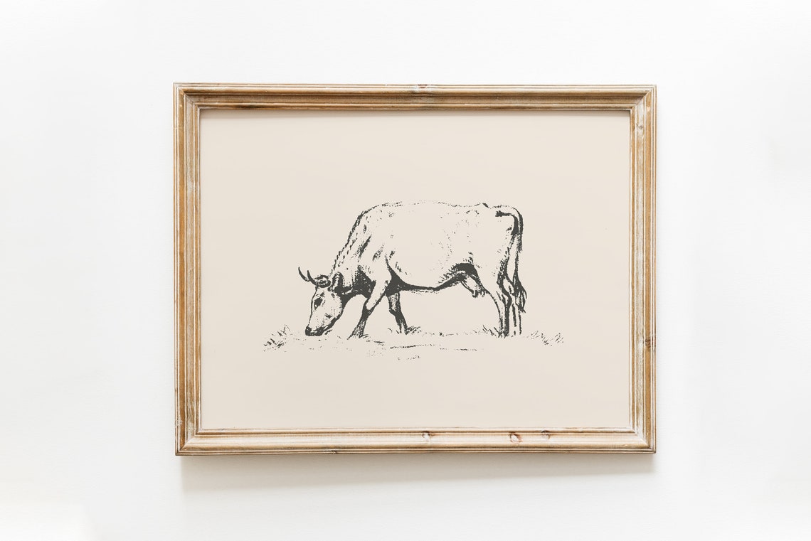 Vintage Grazing Cow Line Sketch Rustic Farmhouse Animal Poster