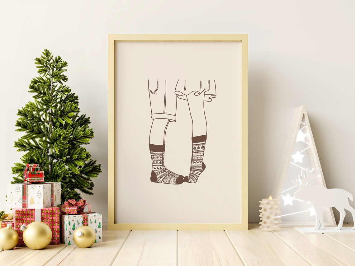 Couple Feet Touching Christmas Socks Minimal Line Art Romantic Poster - Image 4