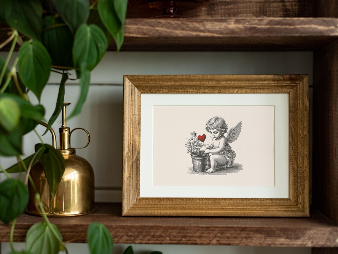 Vintage Cherub Planting Red Heart Flower Romantic Valentine Wall Art - Image 2