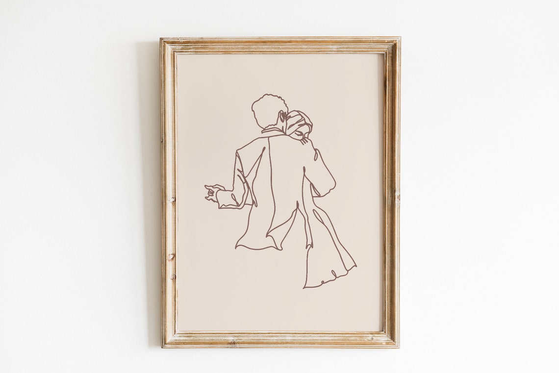 Dancing Couple Kissing Romantic Boho Minimalist Line Art Wall Print