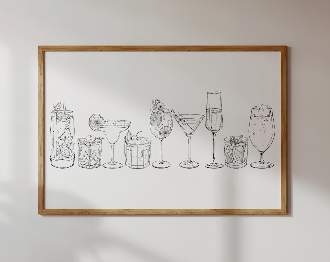 Minimalist Cocktail Art Print, Black And White Modern
