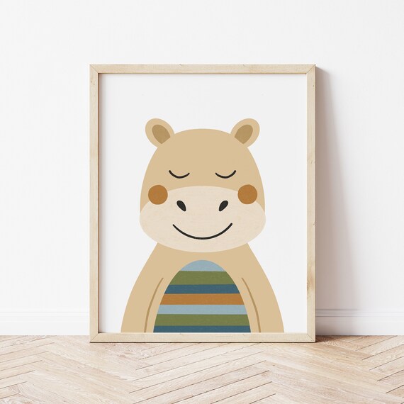 Cute Smiling Hippo With Striped Belly Safari Nursery Room Print