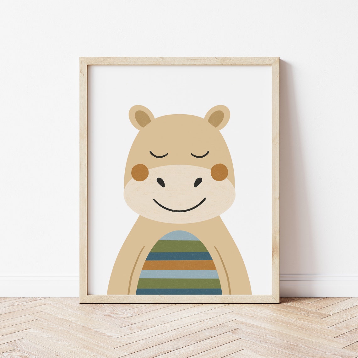 Cute Smiling Hippo With Striped Belly Safari Nursery Room Print