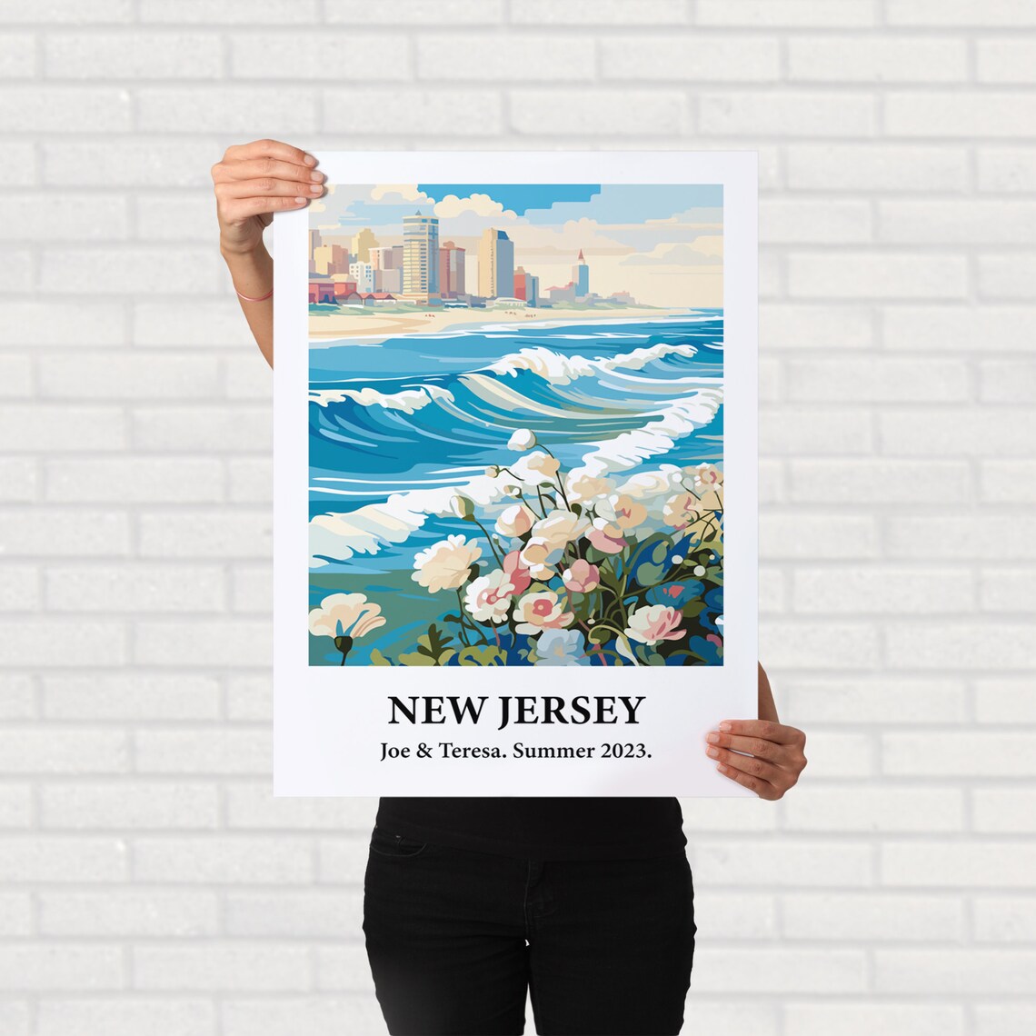 New Jersey Ocean Waves Beach Skyline Vintage Style Travel Art Poster - Image 2