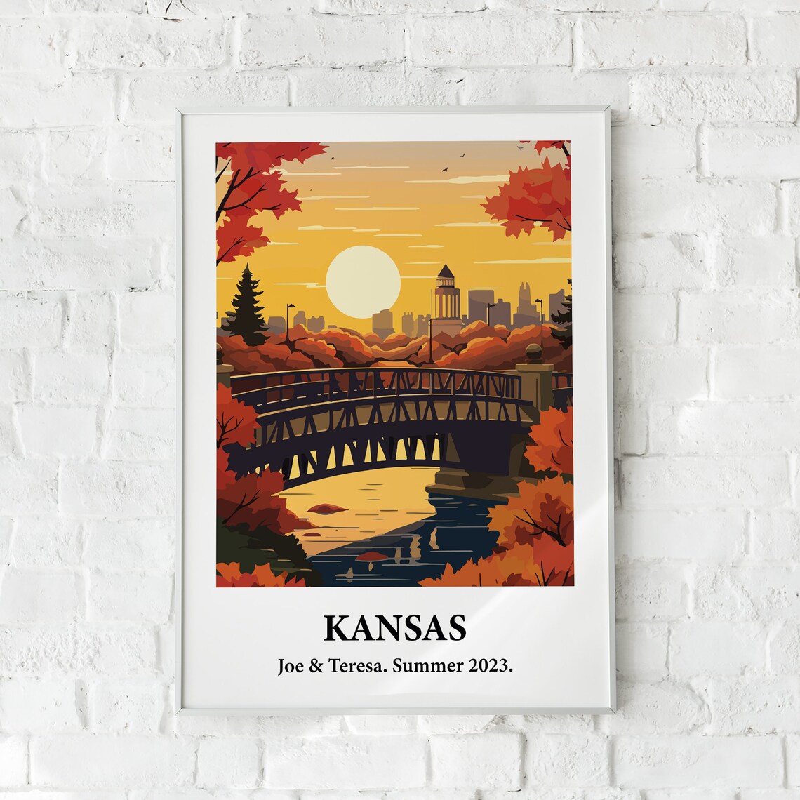 Kansas Bridge River Skyline Autumn Vintage Style Travel Art Poster
