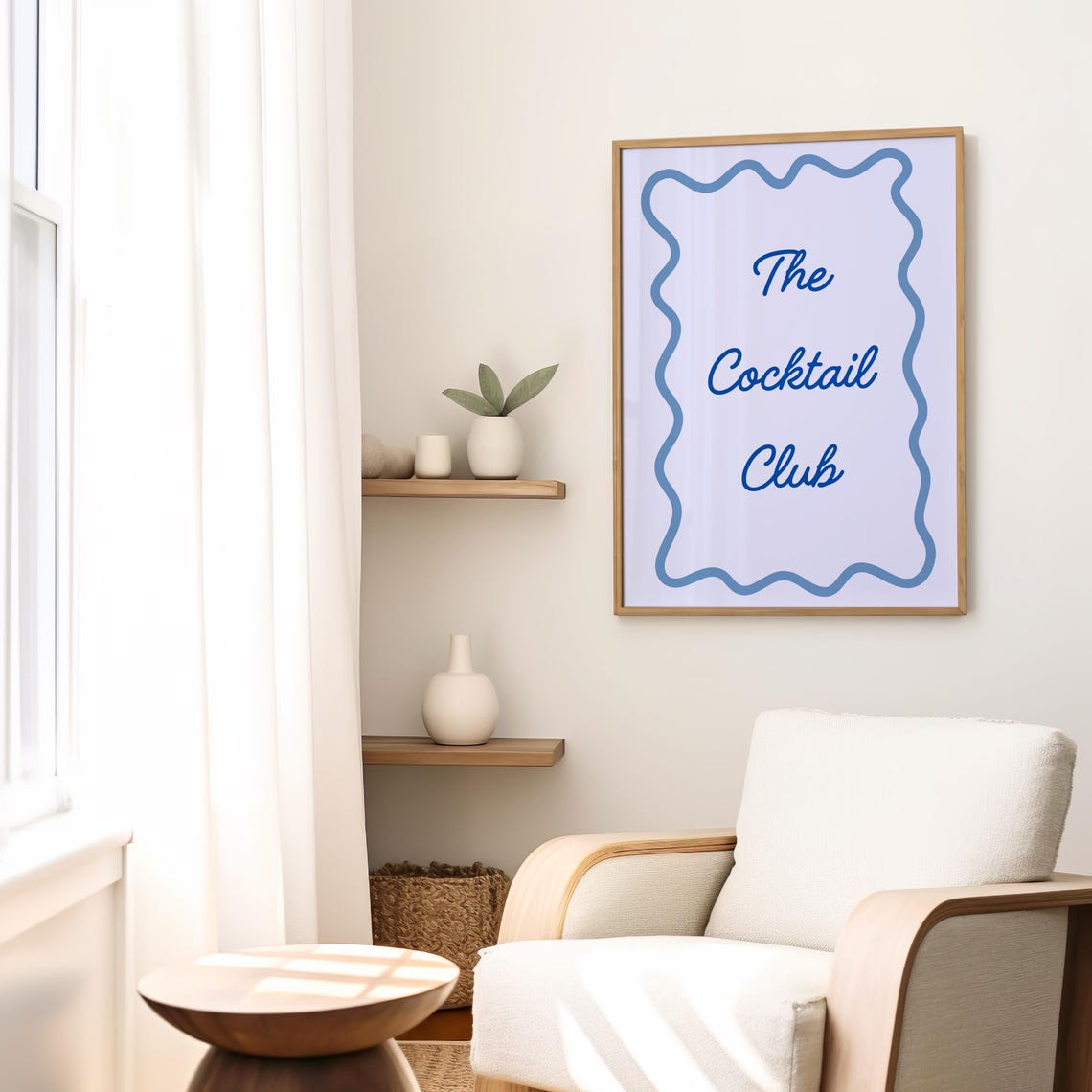 The Cocktail Club Blue Script Wavy Border Minimalist Bar Cart Print - Image 2