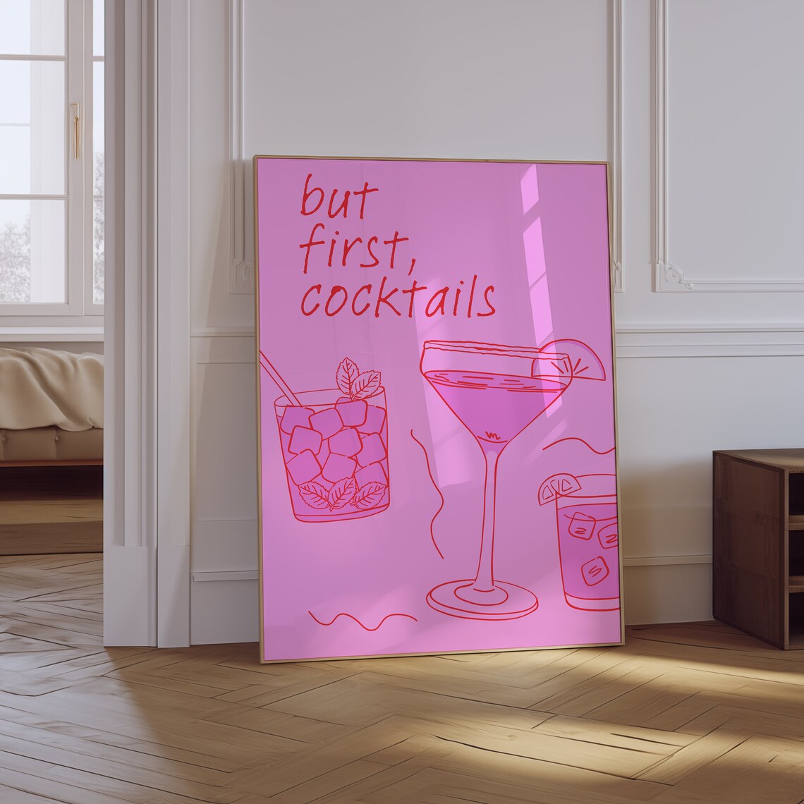 Cocktail Wall Art But First Cocktails Print Trendy Bar Cart Art Minimalist Print Cheers Print Alcohol Print Pink Preppy Bar Cart