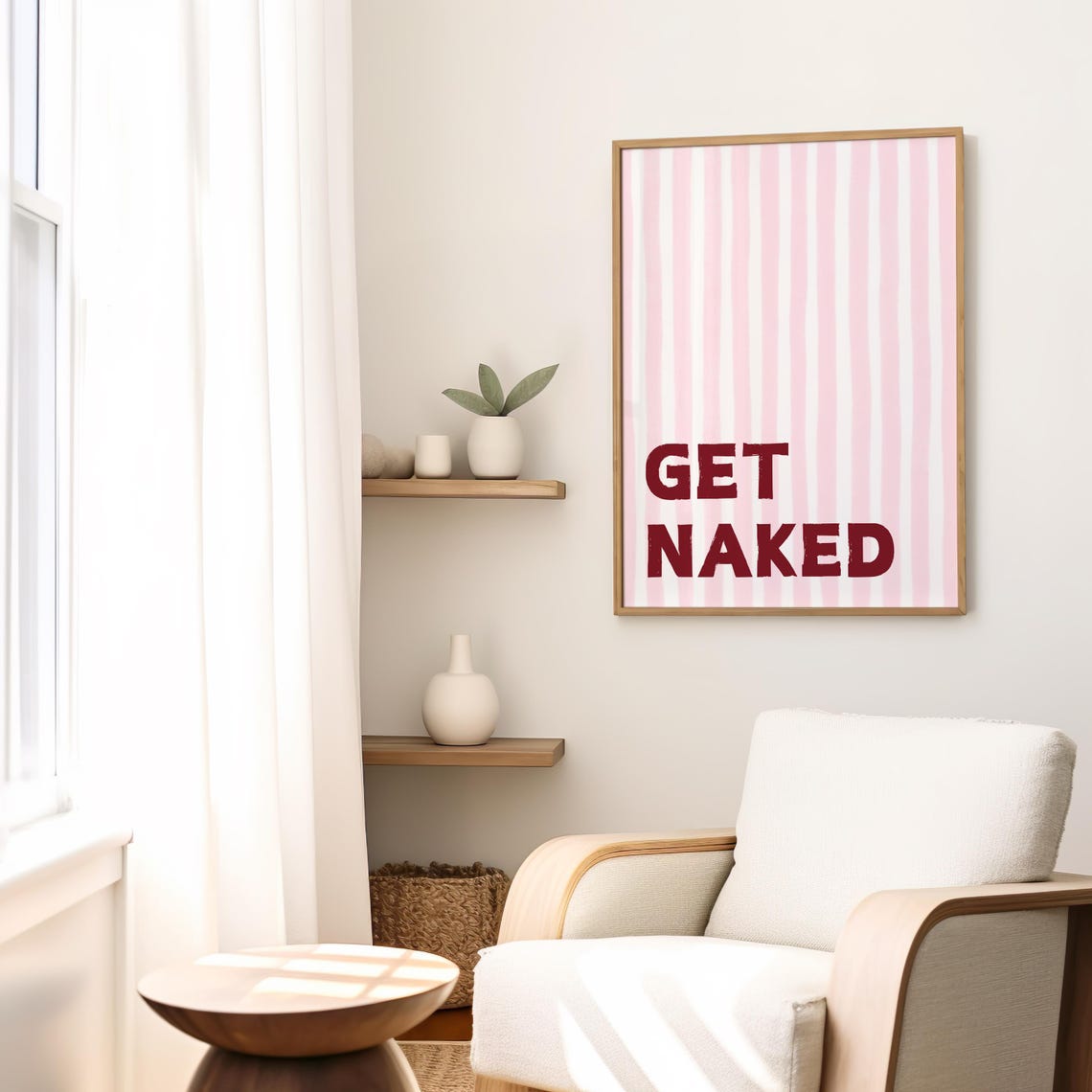 Get Naked Funny Bathroom Quote Red Lettering Pink Striped Wall Art - Image 2