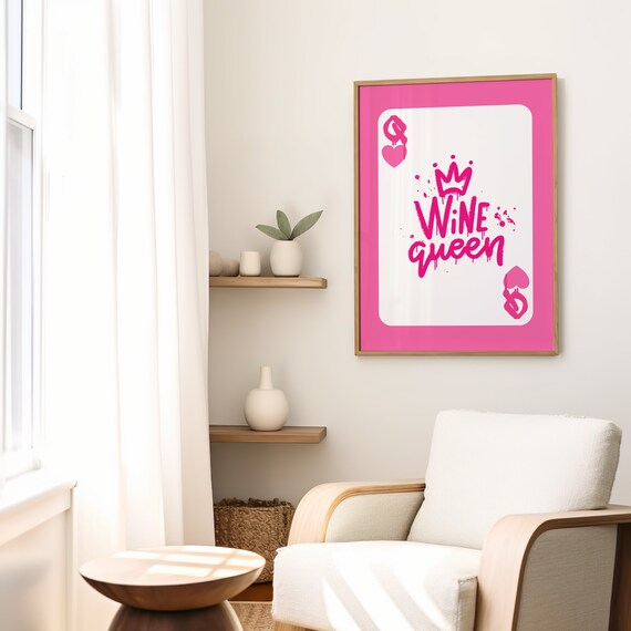 Wine Queen Pink Queen Of Hearts Playing Card Graffiti Crown Bar Cart Print