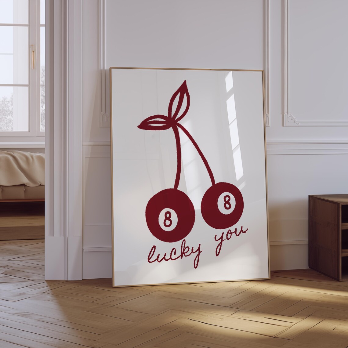 Lucky You Cherry 8 Ball Retro Red Aesthetic Wall Decor Poster - Image 3