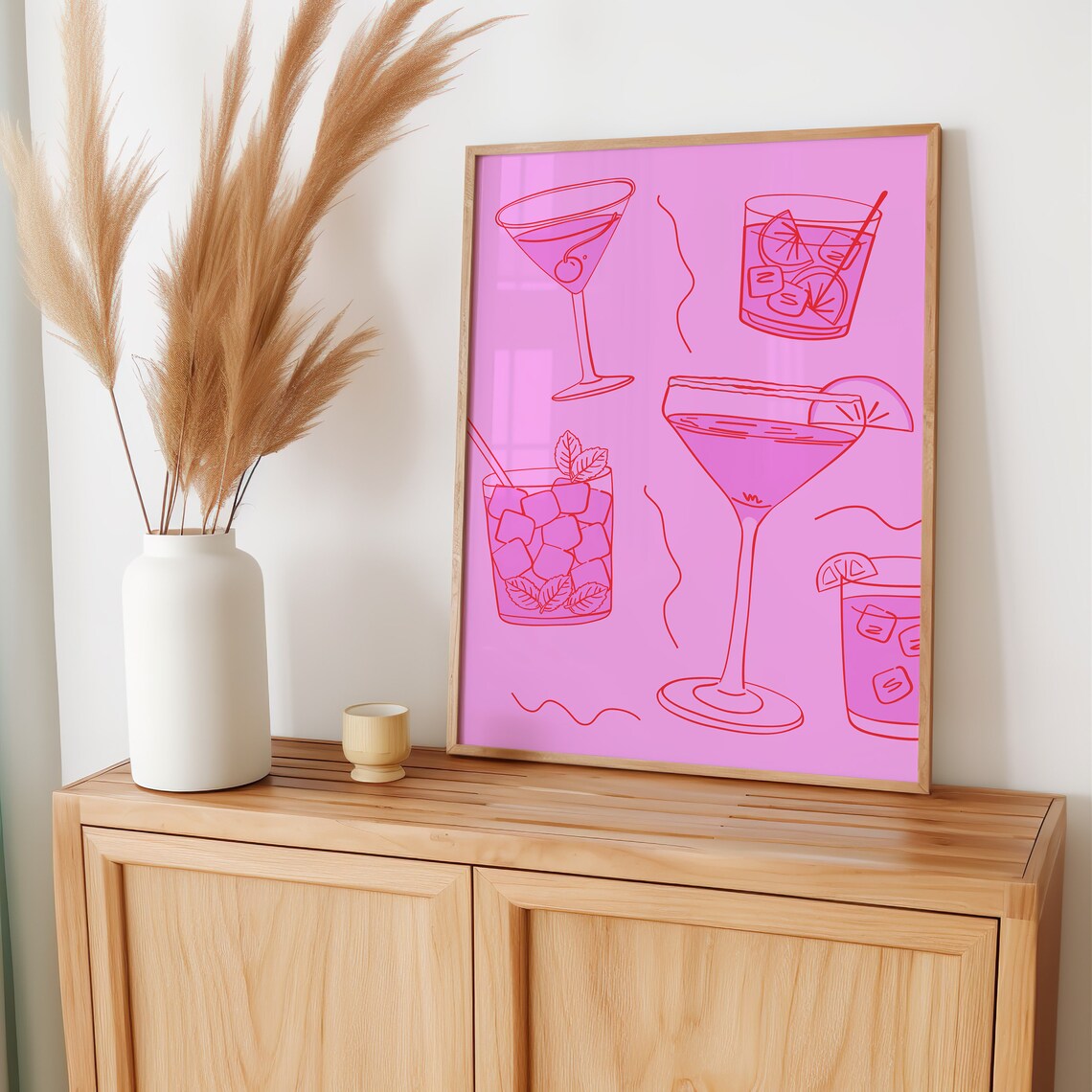 Pink Cocktail Line Art Martini Mojito Glasses Trendy Bar Cart Print - Image 4